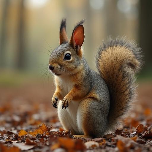 Squirrel with cucumber-like arms stands amidst fallen leaves in a tranquil forest setting.
