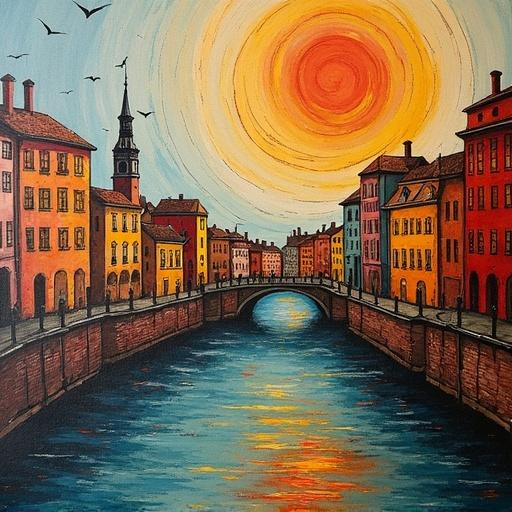 Cityscape in sgraffito style. Colorful buildings align along a canal. A large sun in vibrant orange casts light over the scene. Reflection of light dances on the water. The atmosphere feels warm and inviting.