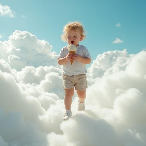 Child walking on clouds while eating ice cream. Soft fluffy clouds surround the child. Bright and cheerful ambiance. Ideal for children's themes.