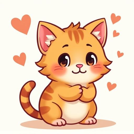 A cartoon kitten character expressing gratitude with a cute and playful demeanor. The kitten has orange fur with brown stripes, large expressive eyes, and is surrounded by heart symbols, conveying warmth and affection.