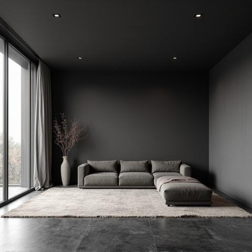 A living room interior of a modern minimalistic villa. Dark gray walls and polished dark stone floors. A gray sofa with a chaise lounge. A large window allows soft natural light. A soft rug on the floor. A slender vase with branches placed beside the sofa. Architectural rendering showing minimalism and calm atmosphere.