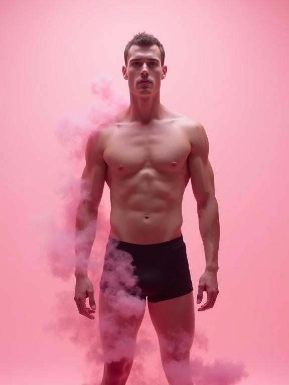 Athletic man standing upright with short hair. Dark form-fitting shorts. Solid pink background. Arms relaxed at sides. Smooth transition of skin tones on torso. Pink mist swirling around body. Mist transforms into a stunning woman. Camera focuses on main subject throughout.