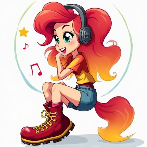 Sunset Shimmer listening to music. She wears headphones. Her foot taps to the rhythm. Red and yellow shirt. Denim shorts. Shiny red knee-high boots. No background.
