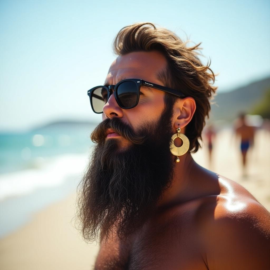 Image of a man with long beard wearing sunglasses and a round earring by the beach. The scene conveys summer vibes and relaxation.