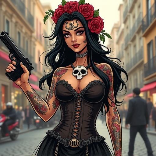 Illustration of a woman in black leather wedding dress. She holds a revolver. Rose bouquet features a skull. Tattoos adorn her arms and neck. Background shows flaming buildings and a motorcycle.