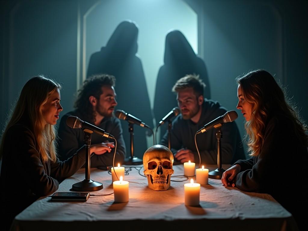 The scene depicts four individuals gathered around a table, engaging in a serious discussion. In the center of the table lies a skull surrounded by lit candles. The setting is dimly lit, creating an eerie ambiance. Two shadowy figures stand in the background, adding to the mystery. Each individual has a microphone in front of them, suggesting they are recording their conversation. The mood is tense and intriguing, suitable for a horror-themed context. The lighting and overall composition contribute to the suspenseful atmosphere.