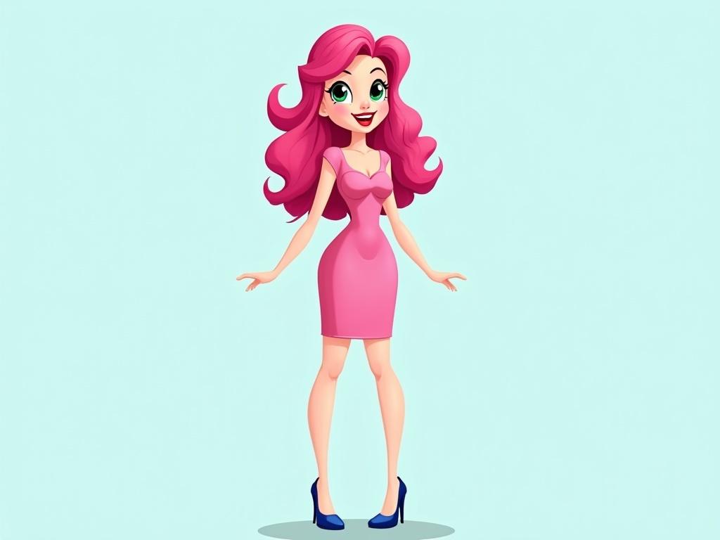 The image features a stylized female character with a whimsical, cartoonish appearance. She has bright pink hair styled in loose waves and a fair complexion. Her large, expressive green eyes and bold red lips create a playful, vibrant character. She is wearing a fitted pink dress that matches her hair, and her legs are complemented by blue high-heeled shoes. The background is a soft, light blue, emphasizing the character's vivid colors and contributing to a cheerful and lively composition.