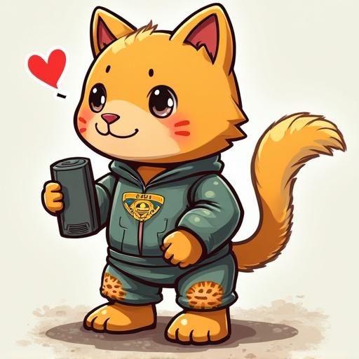Cartoon cat-like robot with a round head and a four-dimensional pocket. Character wears a hoodie and holds a can. Cute and playful design with a happy expression.
