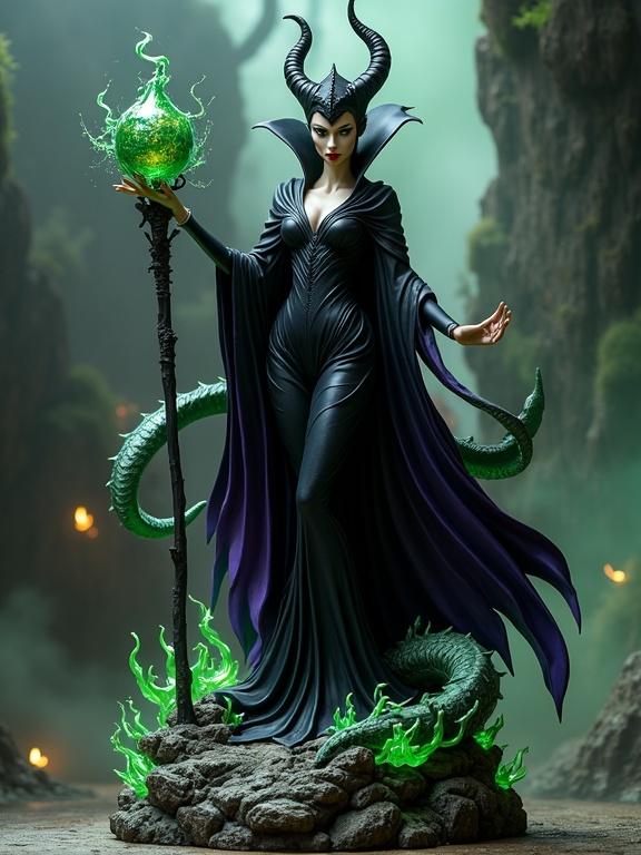 High quality resin sculpture of a dark sorceress. Tall horns adorned on her head. She wears a flowing black and purple cape. The base is rocky with roots and magical green fire. A long staff with a glowing orb in her hand. Powerful and seductive expression. Elegant form-fitting dress with sharp details. Massive dragon emerging in the background.