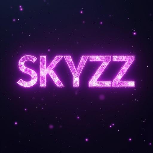 Text 'SKYZZ' glows in purple with an interactive background. Font resembles trash metal style.