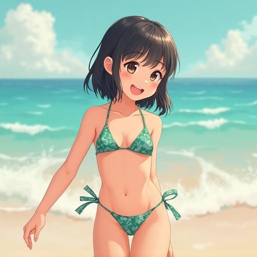 Anime character standing by the beach smiling in a bikini. Bright sunny day with ocean backdrop.