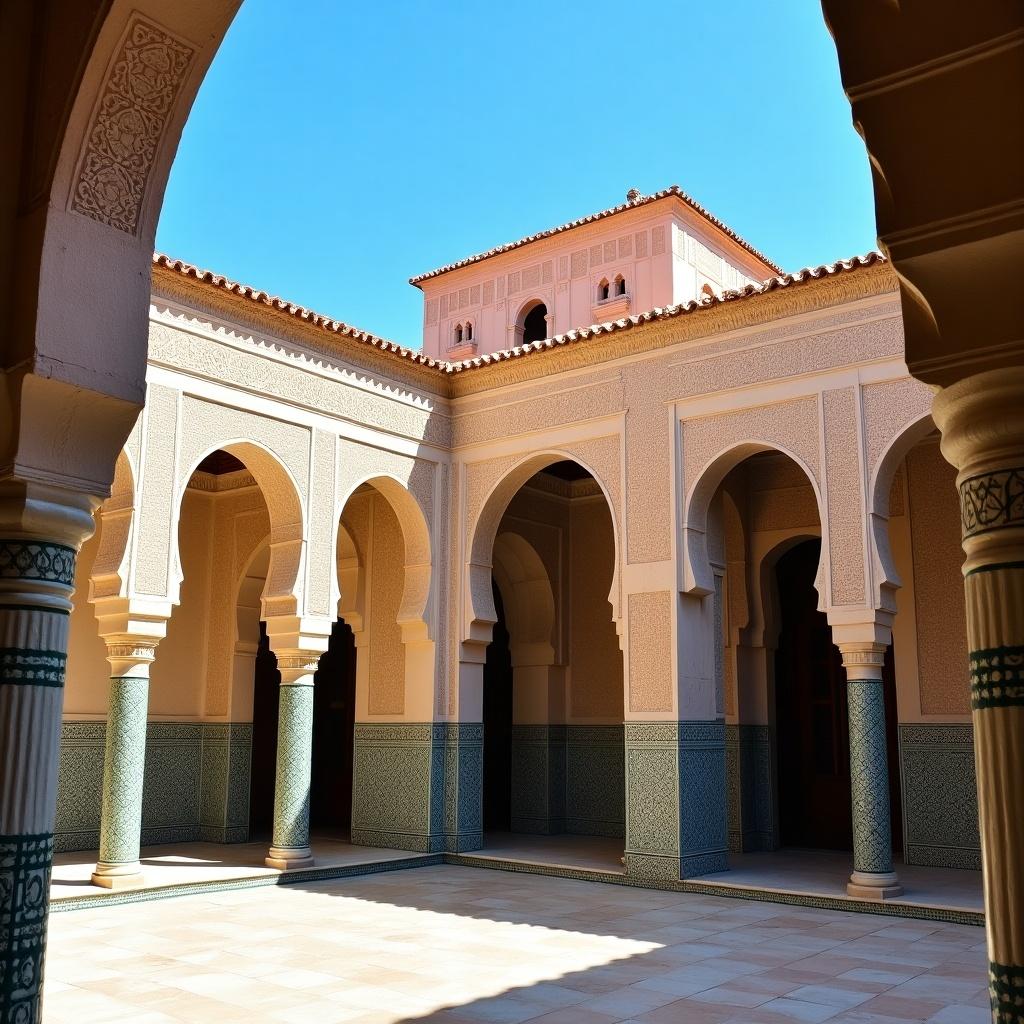 Moroccan palace architecture features a beautiful courtyard with elegant arches and intricate designs. The scene shows a bright blue sky and sunlight illuminating the space. The detailed textures of the walls and columns highlight the artistry of the design.