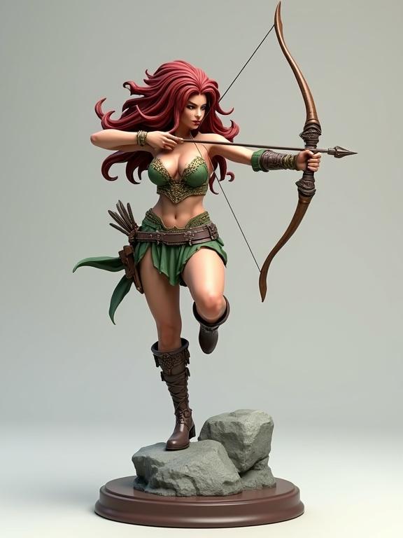 Ultra-detailed 3D-rendered resin figure of a stylized female archer warrior in action pose. Standing with one leg on a rock, drawing a longbow aiming forward. Athletic curvy body with detailed features. Long curly deep red hair flowing backward. Dressed in a green corset with gold patterns and a short fantasy skirt. Wearing tall leather boots with ornate engravings. Bow is detailed with wood and metal texture, arrow nocked and ready. Base is round with sculpted rock. Resin finish with high realistic details, no background or logo.