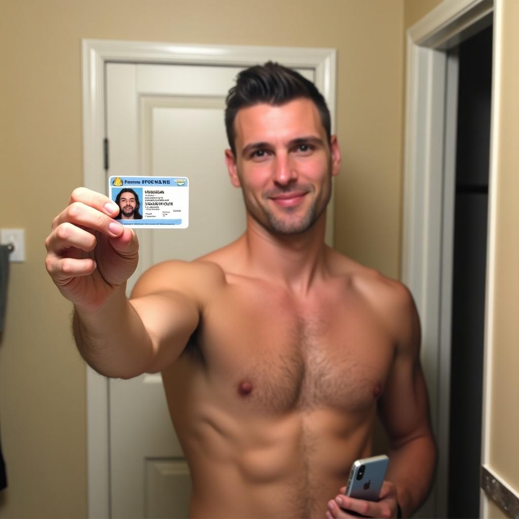 A male presents a Florida Drivers License while shirtless in a bathroom. He holds his iPhone in one hand. The bathroom has neutral beige walls. His face is reflected in the mirror. Bright lighting enhances clarity. The scene conveys confidence and relaxation.