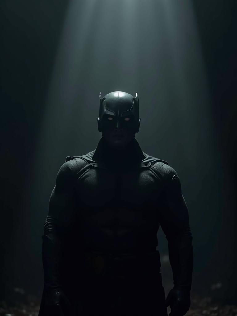 Shadowy silhouette of a powerful superhero dressed in a dark costume. Emphasis on strong muscles and a dramatic pose. Spotlight beams illuminate the scene. Dark and moody backdrop adds mystery.