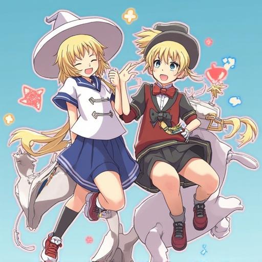 Two anime characters holding hands. One wears a sailor-style outfit and the other wears a black dress. Both have light hair. They are surrounded by playful elements like stars and hearts. Background has a gradient from blue to light blue.