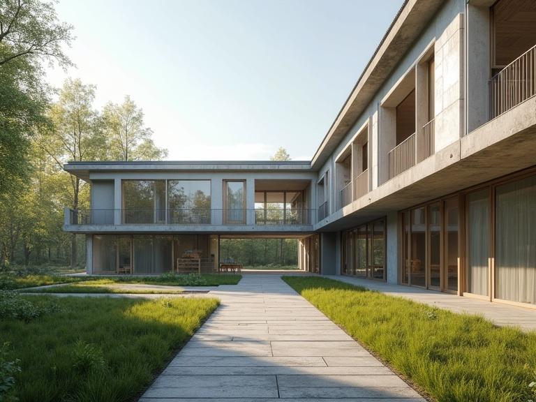 A modern artistic school building surrounded by a large garden. Photorealistic style with soft shadows. The image captures a spring morning atmosphere. Focus on the architectural details and the surrounding landscape, following the rule of thirds.