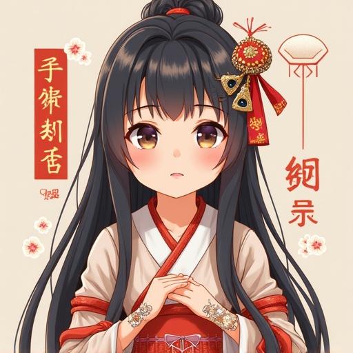 Generate a character illustration in anime style featuring a girl with long black hair, wearing traditional clothing. Add decorative elements and a soft background to enhance the quality.