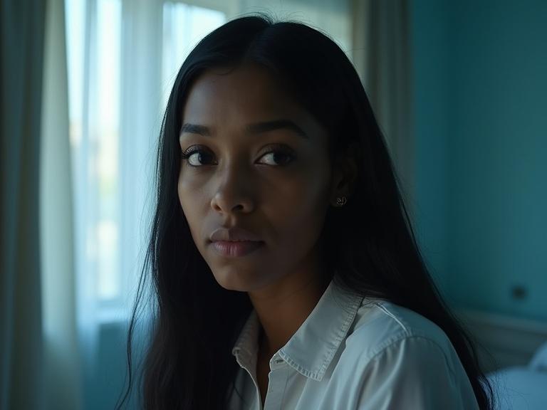 Morning light fills the bedroom with a soft glow. A young woman sits pensively. The atmosphere suggests mystery. The room is light blue with curtains partially drawn. Stains are visible on the bed. A crime scene vibe pervades the setting.