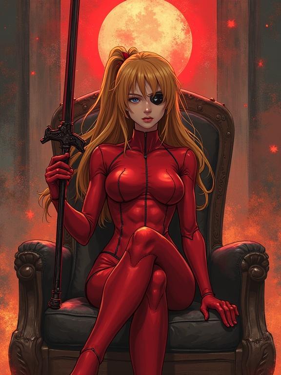 Anime character with long blonde hair in a red plugsuit sitting on a throne. The character has an eyepatch, holding a weapon. The scene features a red moon backdrop. A painterly style with digital impressionism.