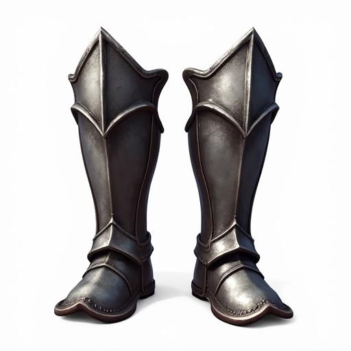Armoured steel greaves designed for an ARPG, displayed with no background. Focus on the sleek, metallic design and detailing of the armor.