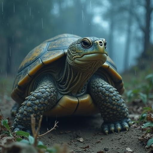 A mustachioed turtle delivers parcels in a thunderstorm. The scene is set in a misty forest during rain. The turtle looks wise and adventurous. Its shell is detailed and vibrant. The atmosphere is dramatic and enchanting.