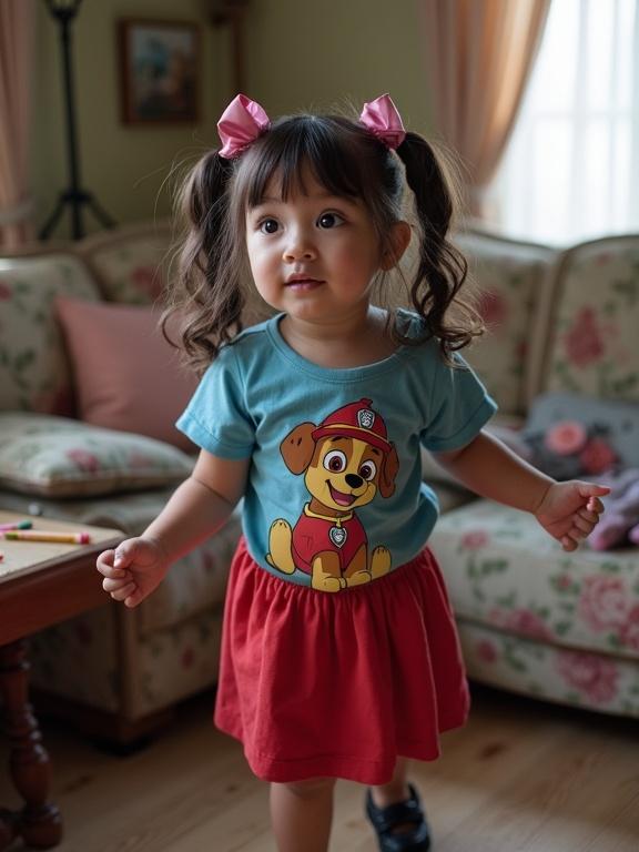A little girl with long curly dark brown hair tied into twin braids with pink hairbows. She wears a faded blue Paw Patrol T-shirt and a pleated red skirt. Fair skin with rosy cheeks, she has hazel eyes. Scuffed black shoes on her feet. The setting is a cluttered living room with a floral couch and crayon-strewn table.