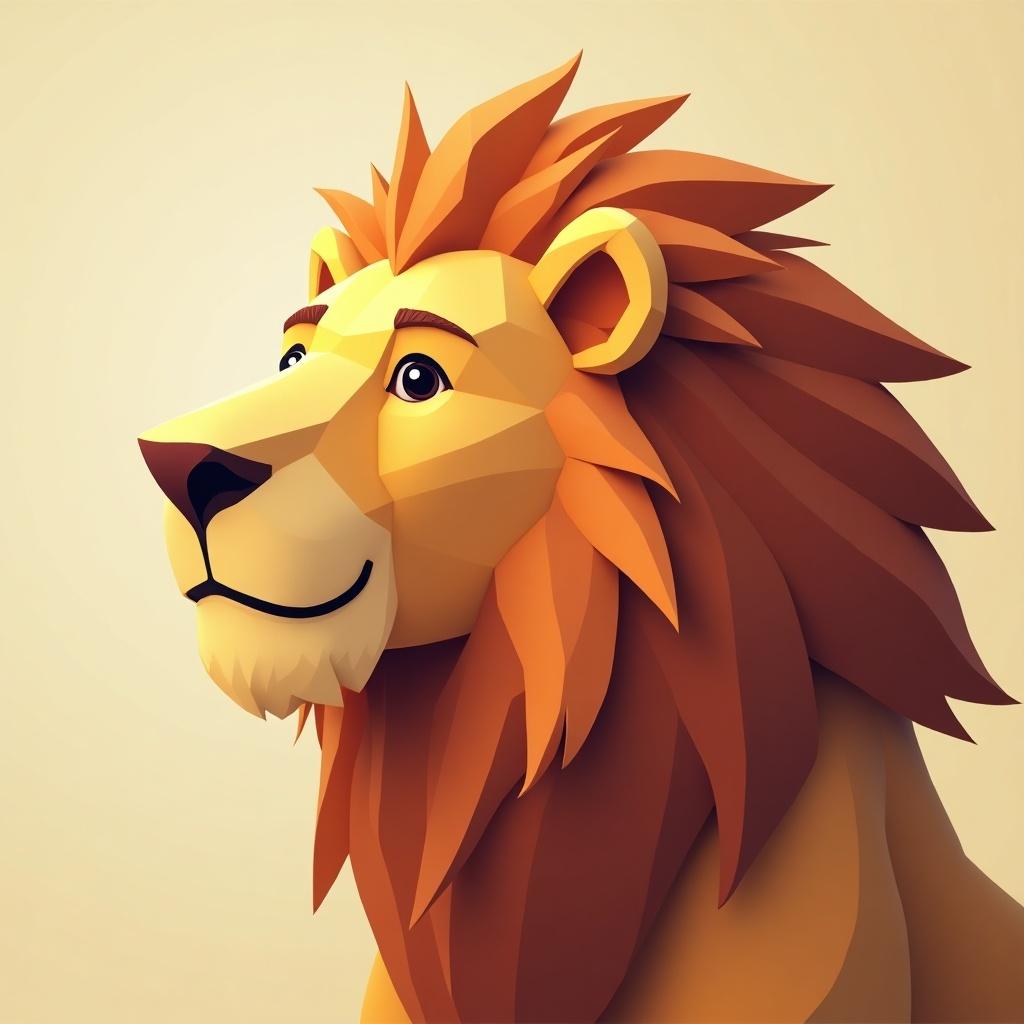 This image features a low-poly representation of a lion's face created in a geometric style. The lion is depicted from the side, showcasing its facial depth and using angular shapes to form its features. The colors are vibrant, primarily featuring shades of gold and orange. The soft lighting creates a warm atmosphere, highlighting the lion’s majestic mane and expression. This stylized approach gives the lion a friendly and approachable character.