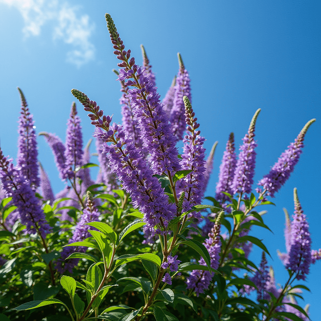 Lush purple flowers bloom against a bright blue sky.