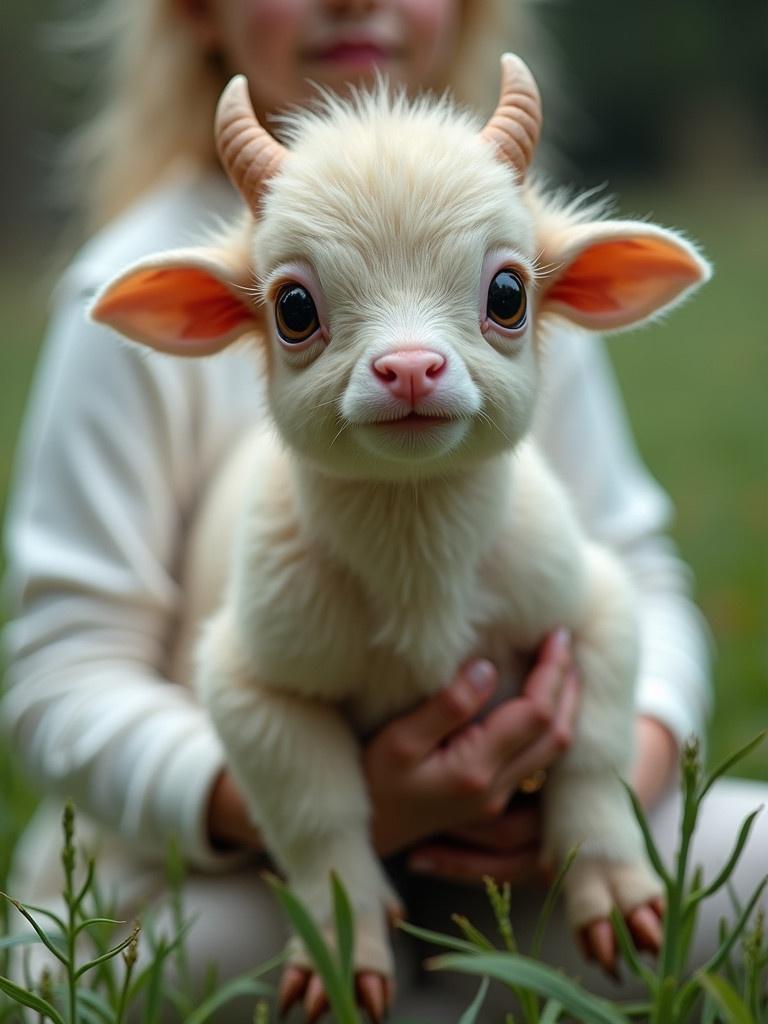 Mythical creature resembles a calf. Features bird-like claws and small horns. Human figure in white holding the creature. Sharp focus on the creature. Soft lighting with greenery in the background.