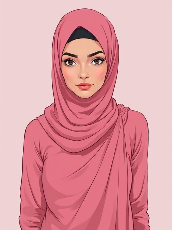 Vector illustration of a woman wearing a pink hijab. She is looking at the viewer with a confident expression. The style is clean and modern. The background is a solid color.