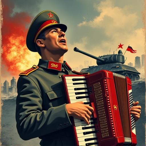 A Soviet Red Army soldier plays accordion. Soldier sings. Red star on soldier's head. City ruins in background. Explosions in distance. Russian T-34 tank with red star on turret present.