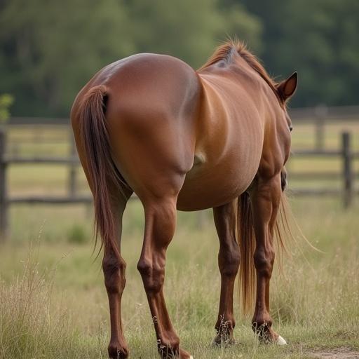 Female horse rear facing the camera. Hind legs apart. Close-up of the back view.