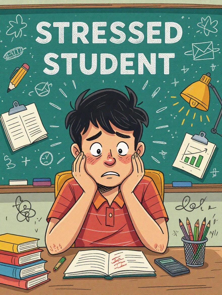 Cartoon style illustration depicting a stressed student. The student is sitting at a desk with his hands on his face, surrounded by books and study materials. The background shows a chalkboard with various doodles related to studying. Expression shows anxiety and frustration over studies.