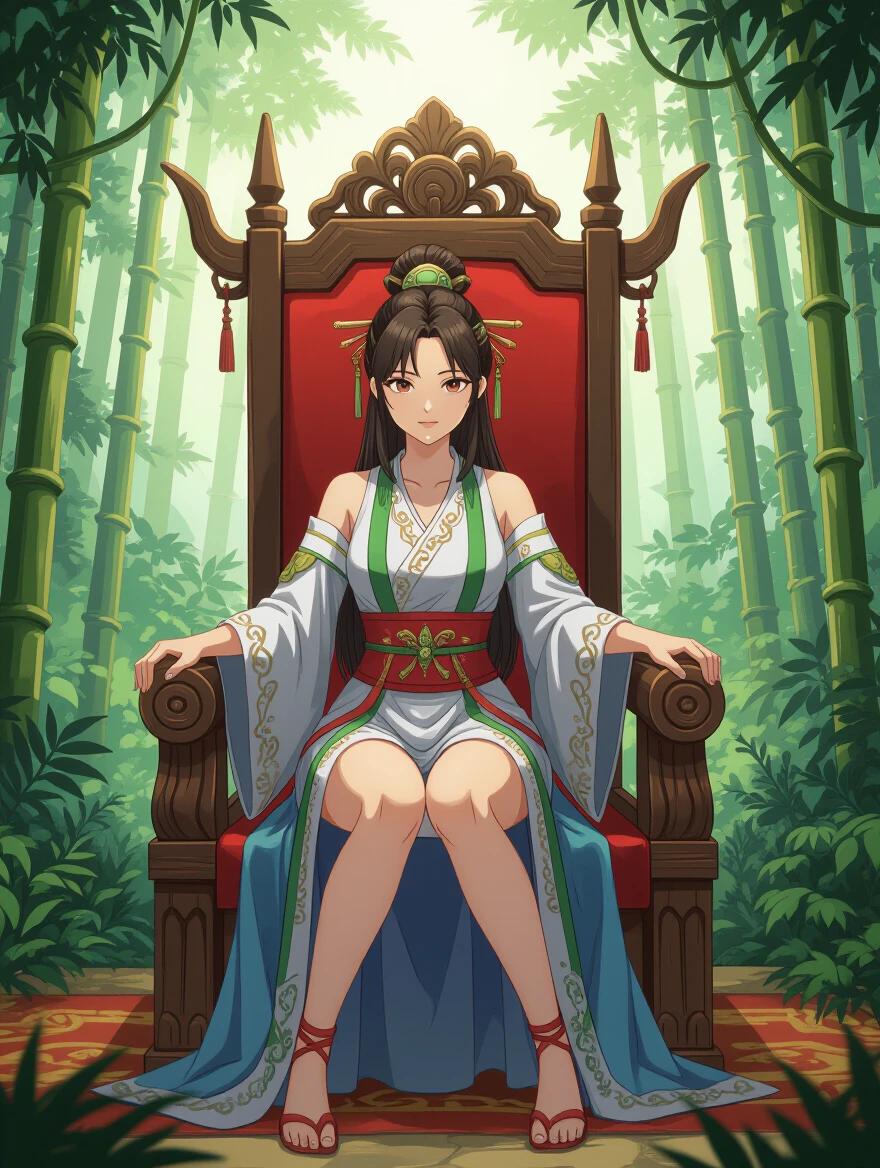 A young woman in traditional Asian attire sits elegantly on a king's throne surrounded by a dense jungle of bamboo. She holds a regal posture with her hands resting on the armrests of the throne.