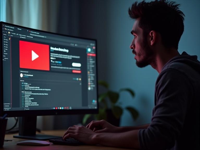 A frustrated YouTuber stares at a computer screen displaying error messages and low view counts with poorly designed thumbnails.