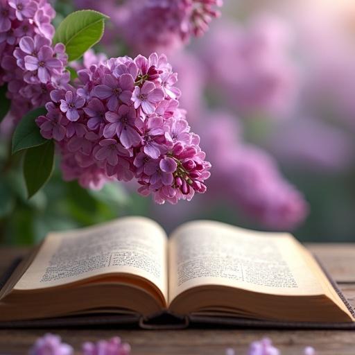 Lilac flowers bloom near an open ancient text. Soft sunlight enhances colors. Text shows rich historical significance. Beauty of nature and knowledge combined.