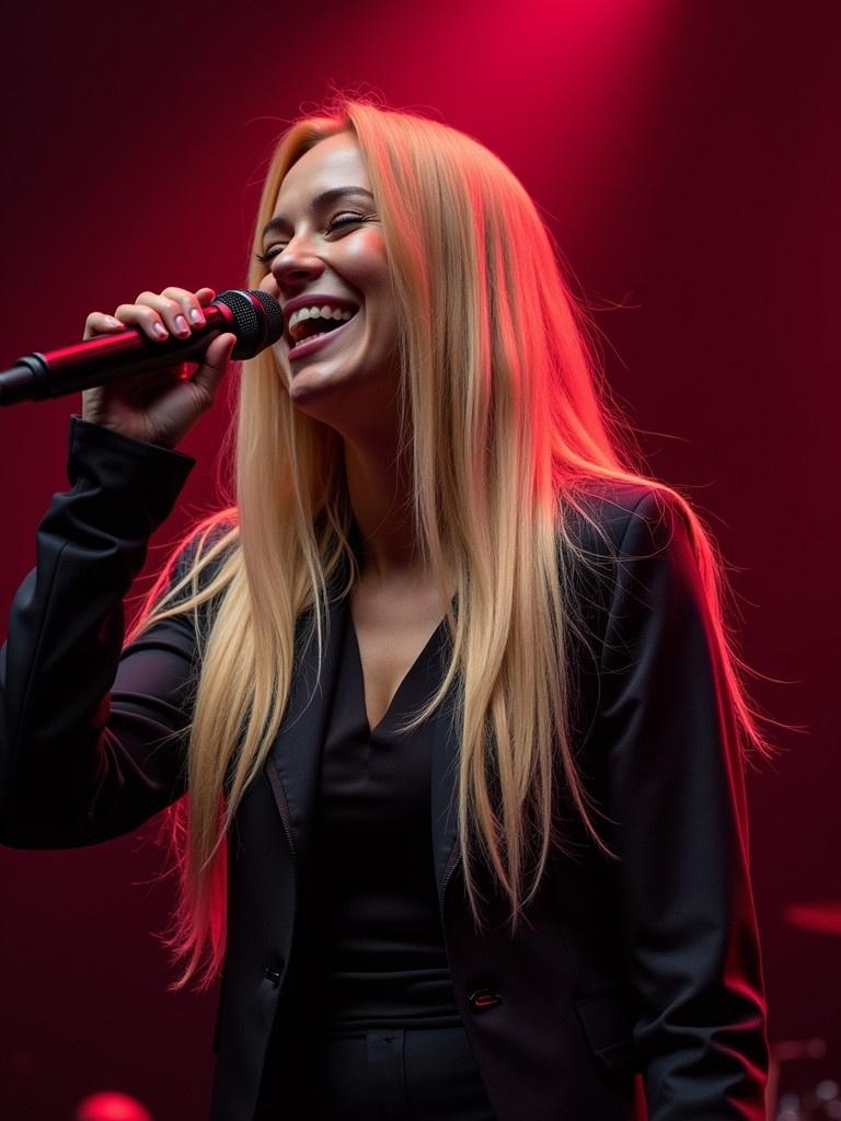 Young woman on stage. Singing with a microphone. Long blond hair falling over shoulders. Wearing dark clothing. Appears confident and comfortable. Engaging performance in a music venue.