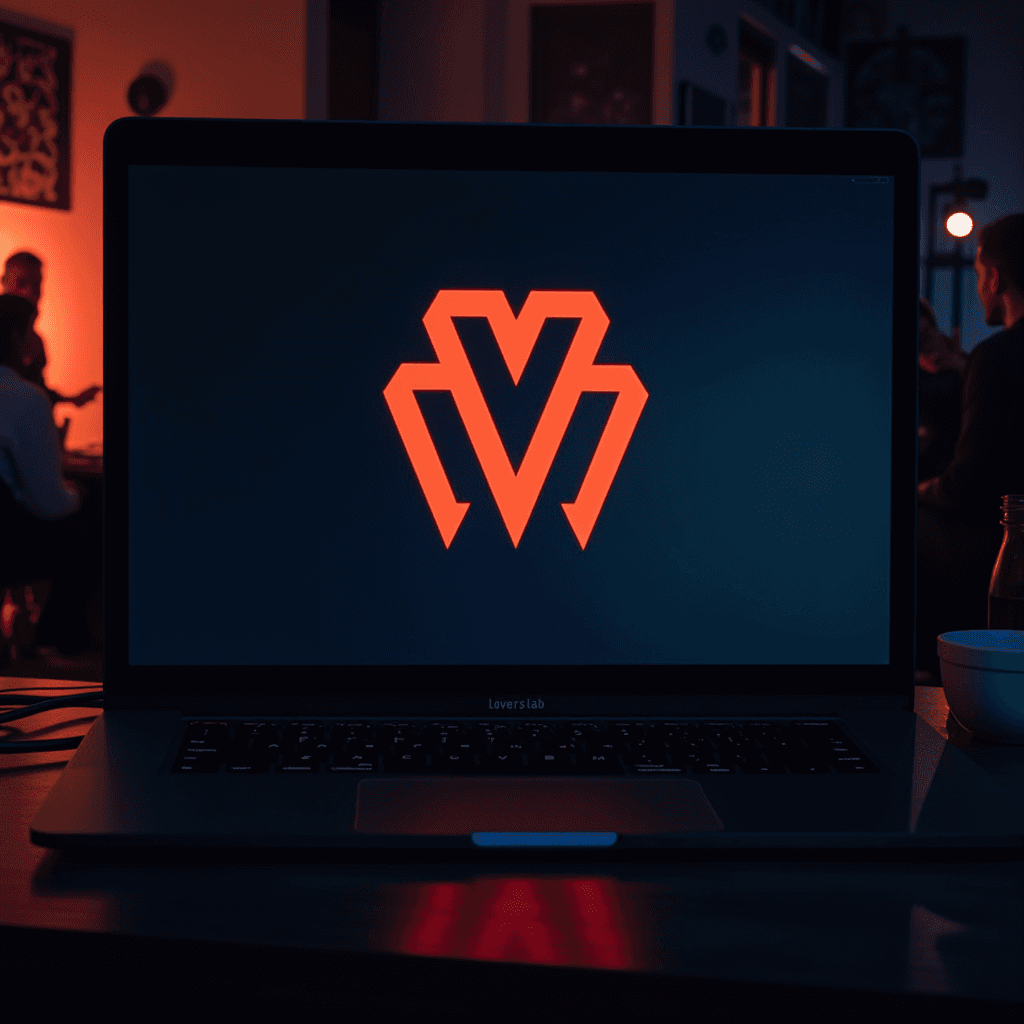 A laptop screen with a red abstract logo, set in a dimly lit room with people in the background.