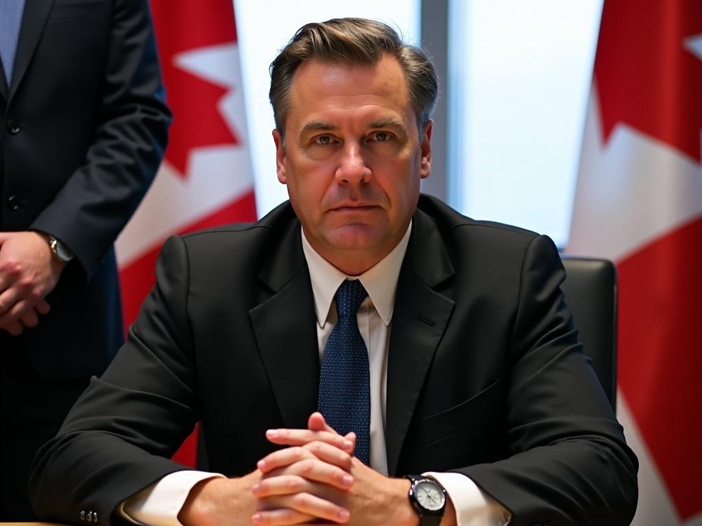 The image shows a man sitting at a table with a serious expression. He is dressed in a black suit with a blue tie, and there's a watch visible on his left wrist. The background features a window with light shining through, creating a soft atmosphere. Behind him is a large Canadian flag, indicating the setting is likely an official office. Another person, partially visible, stands next to him, adding to the serious tone of the scene.