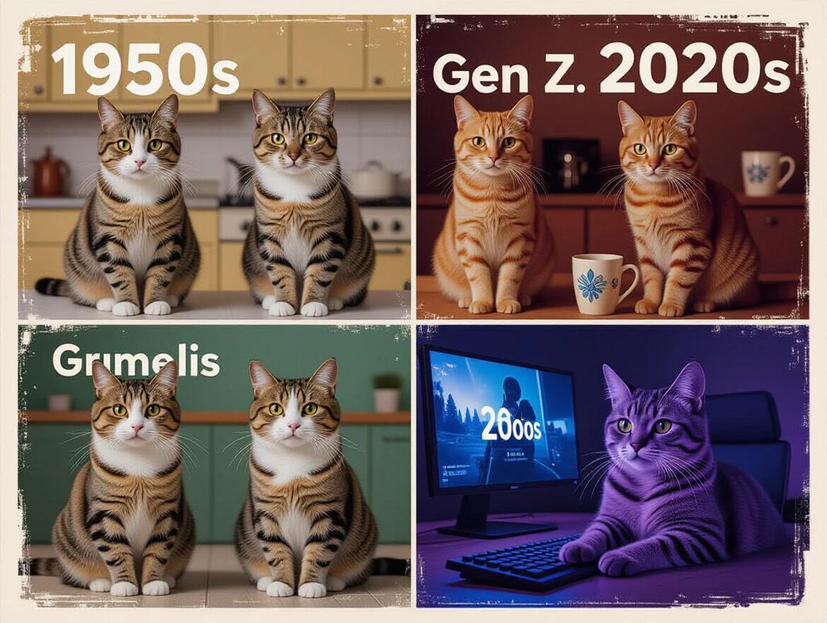 Series of the same cat breed shown across different eras. Each segment represents a decade. Silent Generation depicted in vintage kitchen scene labeled 1950s. Content of Gen Z is in modern streaming setup labeled 2020s. Cinematic time-lapse style. Highly detailed imagery.