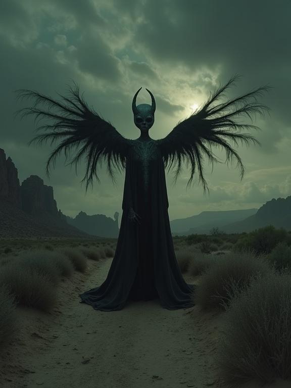 A figure with wings stands in a gloomy desert. The atmosphere is dark and eerie. Influences of Tim Burton's artistic style are evident. The figure has an otherworldly appearance.