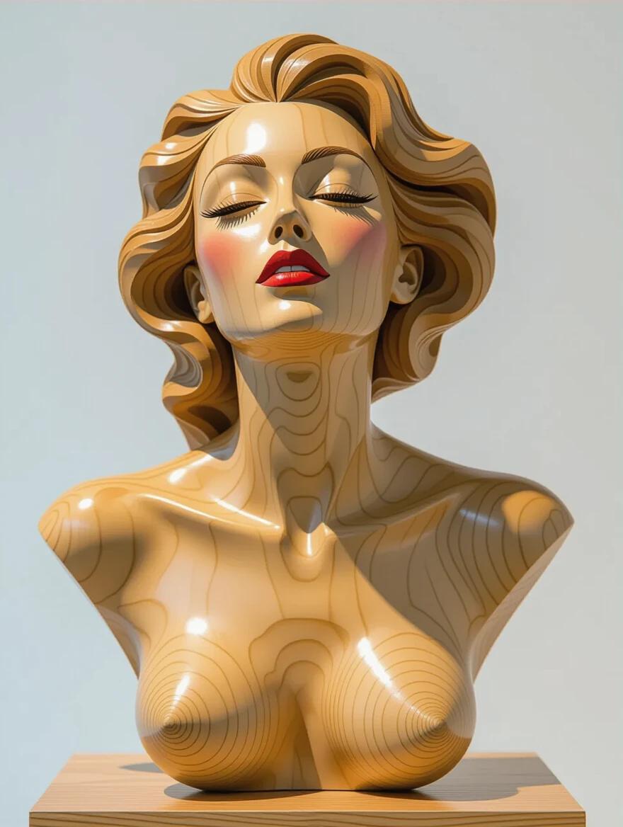 Wooden sculpture of a female figure. Natural asymmetry of the wood creates a unique appearance. The bust showcases a stylized design emphasizing curves and contours. The piece stands on a wooden box. Air currents affect hanging wooden elements, creating dynamic movements. Artistic representation aims for a blend of abstract and realistic features.