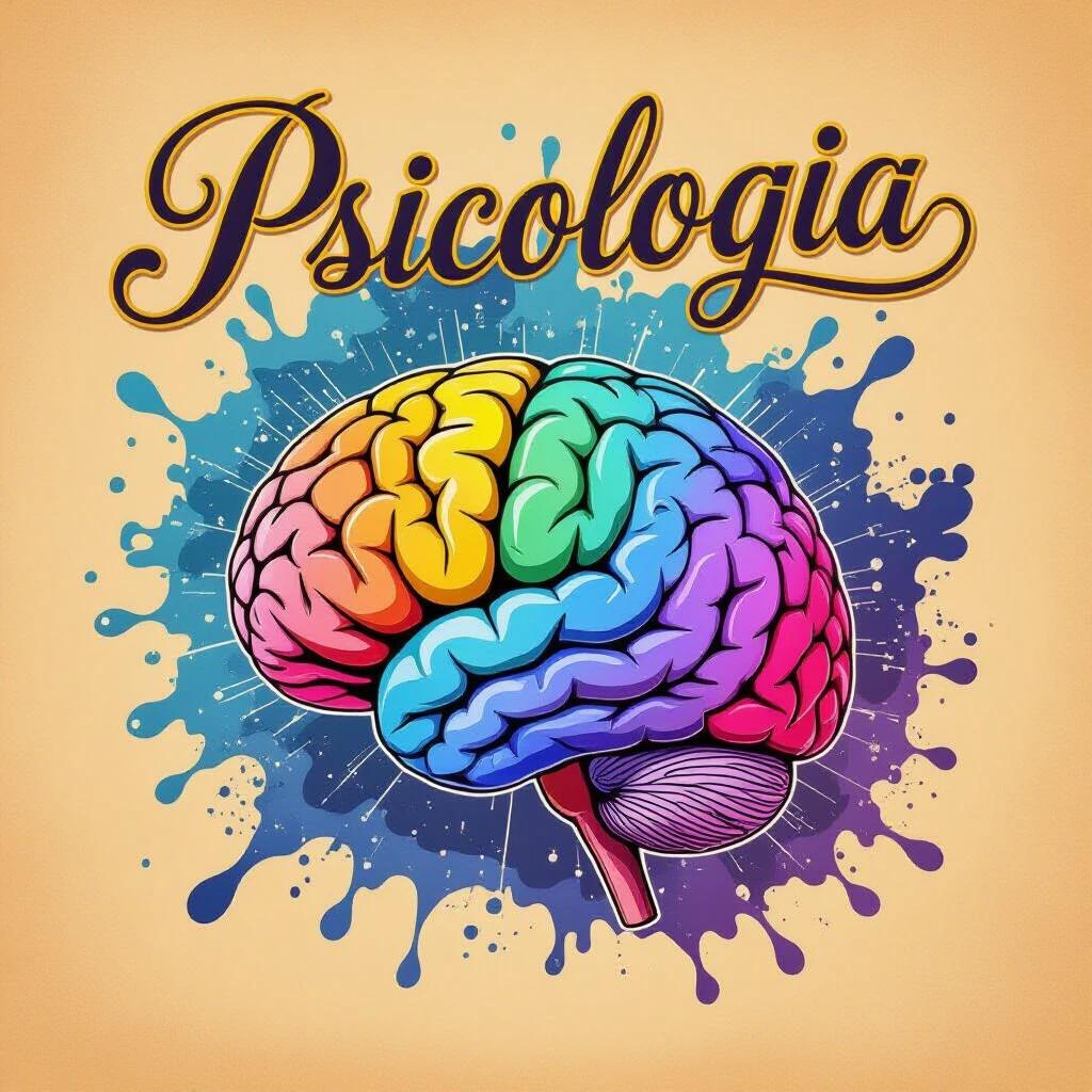 Detailed illustration of the human brain. Vibrant colors and intricate details. Surrounded by splashes of blue and purple hues. Symbolizes the complexities of psychology. Bold white lines and subtle shading to emphasize the cerebral cortex. Warm beige background with a subtle texture. Featured word psicologia in elegant, cursive font with golden accents.