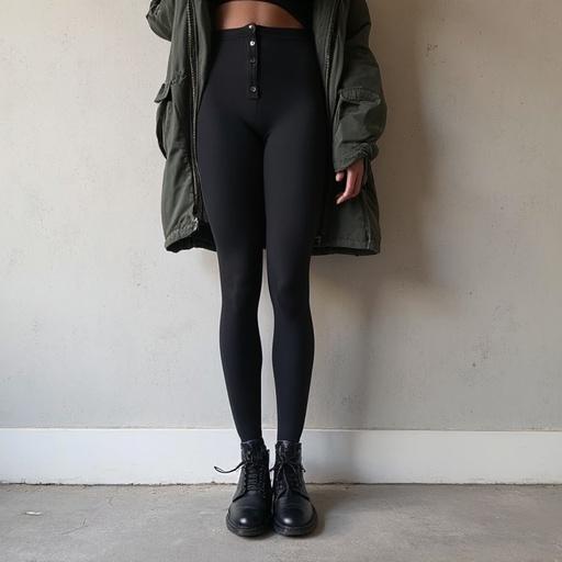 A model showcasing the upper body, wearing a short-sleeve top and black leggings, in a street style setting.