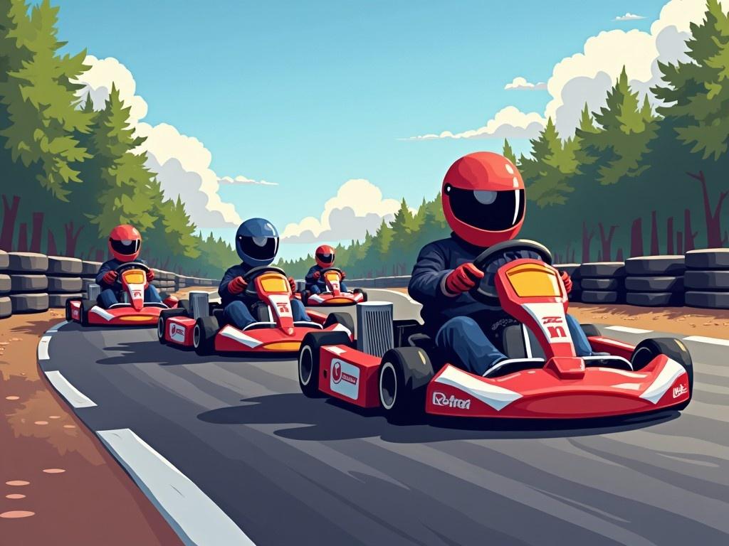 The image depicts a go-kart racing scene featuring multiple drivers in colorful helmets speeding around a track. The track is lined with tires on one side and surrounded by lush green trees. The drivers are focused, showcasing their competitive spirit as they navigate the turns. The overall aesthetic has a pixel art style, giving a nostalgic and playful vibe. The sky is bright with fluffy clouds, contributing to an energetic atmosphere.