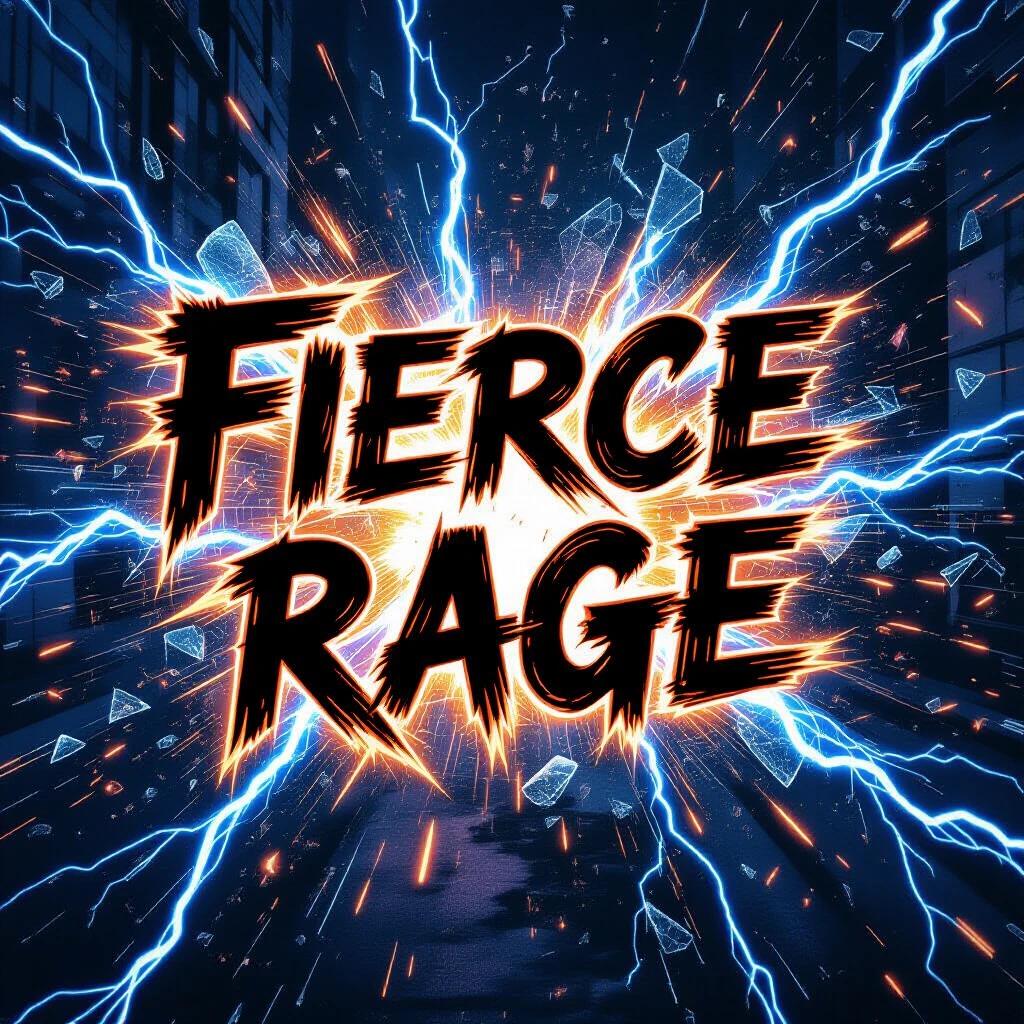 Text reads Fierce Rage. Style shows electrified strokes. Letters ignited by blue and white lightning. Shattered glass flies off. Intense energy radiates from chaotic typography. Themes of urban street art and cyberpunk neon glow. Captures raw anger in vibrant contrasts. Dynamic composition with sparks and motion blur.