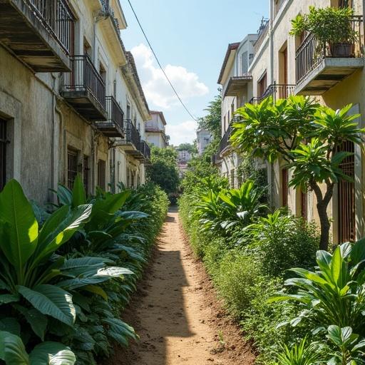 Street scene in El Vedado, Cuba featuring urban agriculture on roofs and garden beds