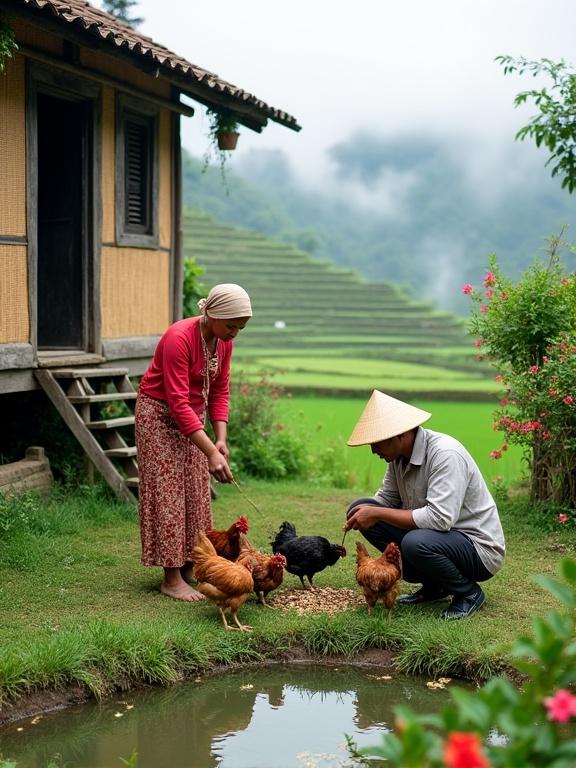 Image captures a rural scene with a traditional house, people scattering feed for chickens. The house has woven walls, a pitched roof, and wooden steps. A woman in a red top and patterned skirt feeds chickens. A man in a light-colored shirt observes. Terraced rice paddies and misty background create a humid atmosphere. A pond reflects the greenery, enhancing the rural simplicity and connection to nature.