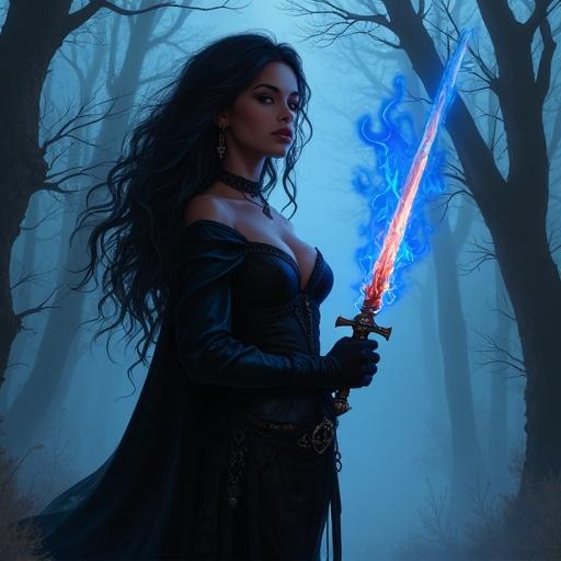A brown skin woman in a black outfit stands in a misty forest holding a blue flaming sword. She wears a long black jacket. The atmosphere is magical and mysterious. The art showcases vibrant digital quality and detailed character design.